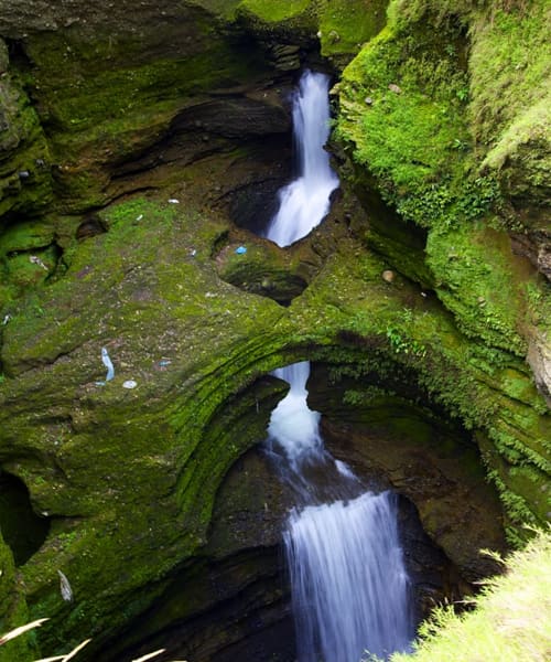 Water falling through a mossy rock channel at Davis Falls