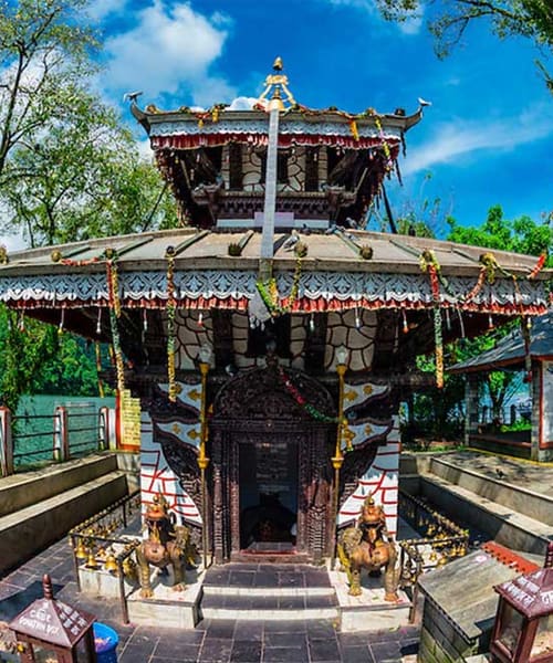 Pagoda-roofed Taal Barahi Temple on its island in Phewa Lake